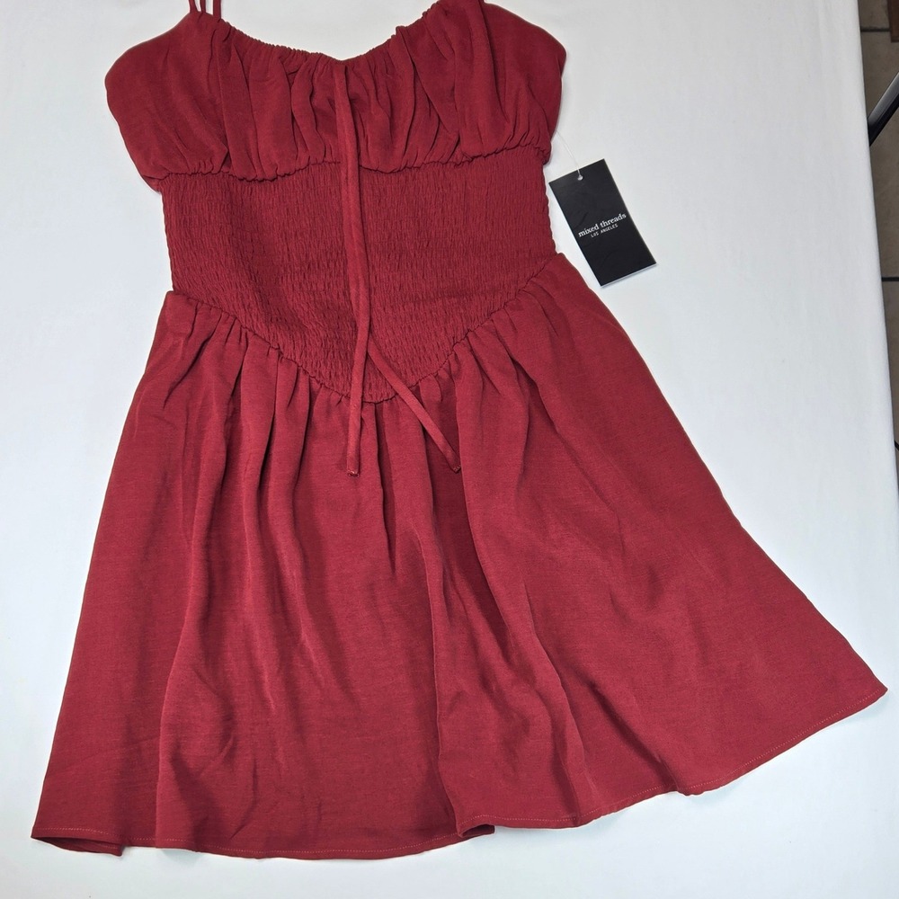Mixed Threads Los Angeles Smocked Mini Dress Burgundy Red Spaghetti Strap Small